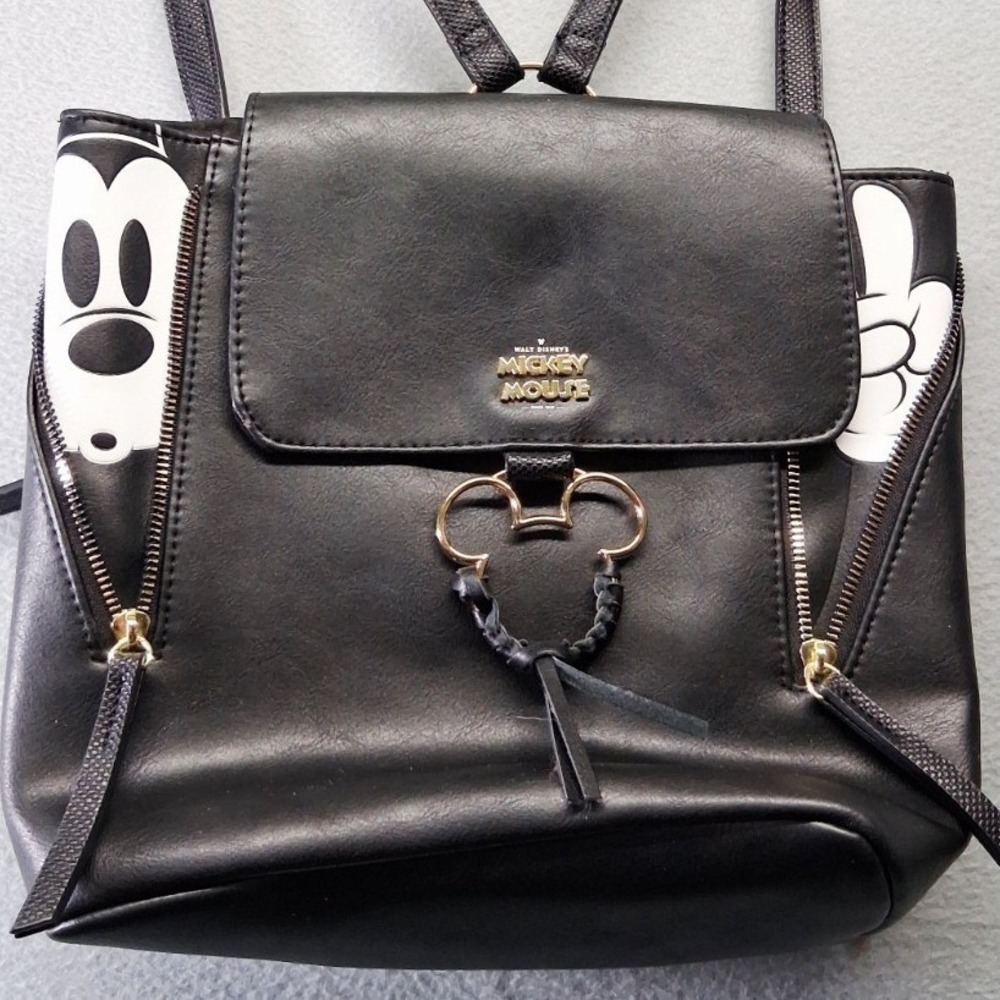 Disney Mickey Mouse Bioworld Black Faux Leather Mini Backpack Gold Hardware Bag